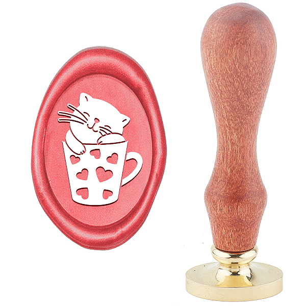 PandaHall SUPERDANT Wax Seal Stamp Cat in Cup Pattern Wax Seal with Icon Letter Brass Head Wooden Handle for Valentine's Day Envelopes...