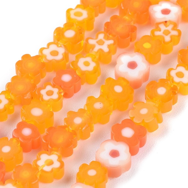 

PandaHall Handmade Millefiori Glass Bead Strands, Flower, Orange, 4~7.2x2.6mm, Hole: 1mm, about 60~69pcs/Strand, 16 inch(40cm) Millefiori...