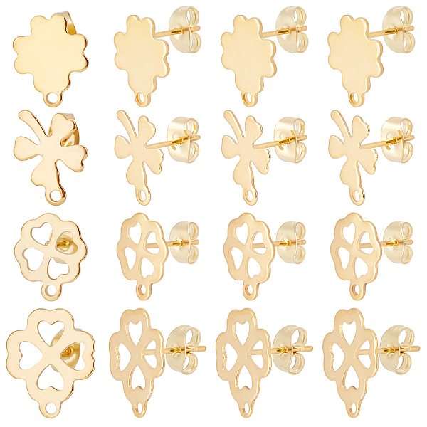 

PandaHall Beebeecraft 1 Box 80Pcs 4 Style Earring Stud Findings 24K Gold Plated Four Leaf Clover Ear Stud Component with Loops Spring...