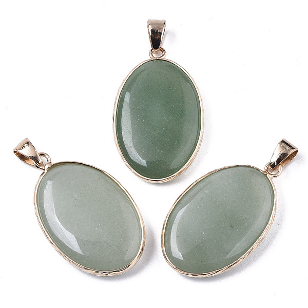 

PandaHall Natural Green Aventurine Pendants, with Light Gold Plated Brass Edge and Snap on Bail, Oval, 35~36x21.5x6.5mm, Hole: 6x5mm Green...
