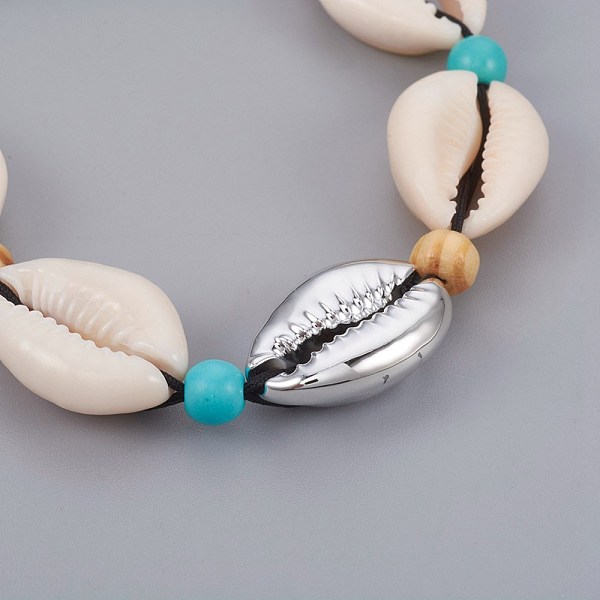 

PandaHall Adjustable Nylon Cord Braided Bracelets, with Cowrie Shell Beads and Electroplated Sea Shell Beads, Wood Beads, Synthetic..., Gray