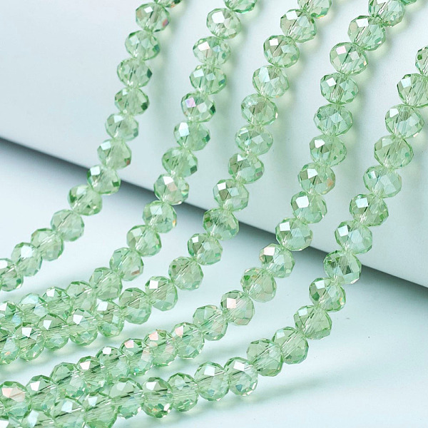 

PandaHall Electroplate Glass Beads Strands, AB Color Plated, Faceted, Rondelle, Pale Green, 6x5mm, Hole: 1mm, about 83~85pcs/strand, 38~39cm...