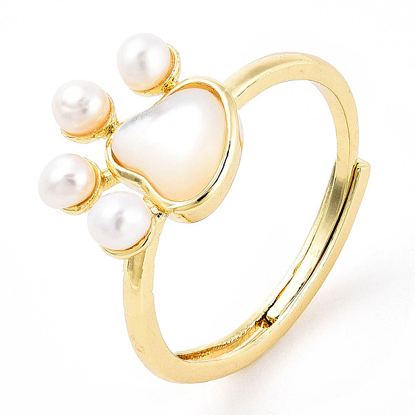 

PandaHall Natural Pearl Dog Paw Prints Adjustable Ring, Brass Jewelry for Women, Real 14K Gold Plated, US Size 8 3/4(18.7mm) Pearl