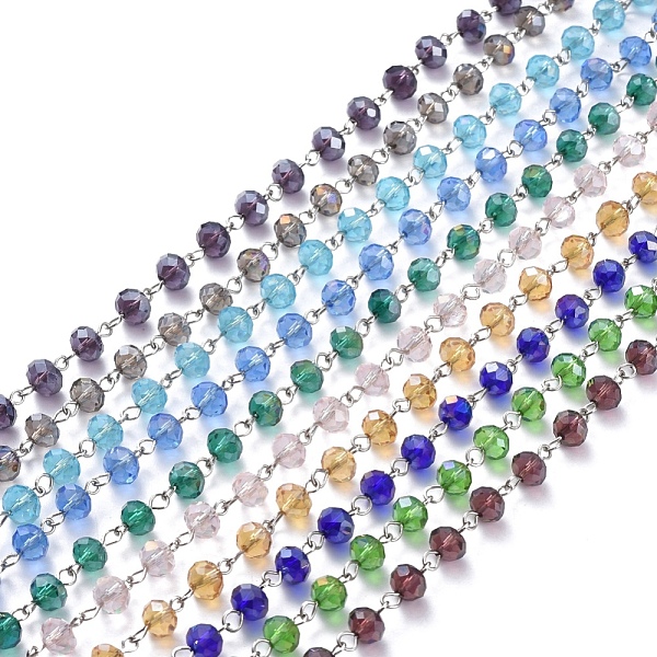 

PandaHall Handmade Electroplate Glass Beaded Chains, with Platinum Plated Iron Eye Pin, Unwelded, Mixed Color, 39.37 inch(100cm), Beads..., Multicolor