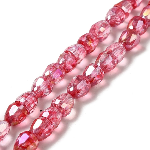 

PandaHall Electroplate Transparent Glass Beads Strand, AB Color Plated, Faceted, Bell, Cerise, 6x6mm, Hole: 1.2mm, about 80~81pcs/strand..., Red