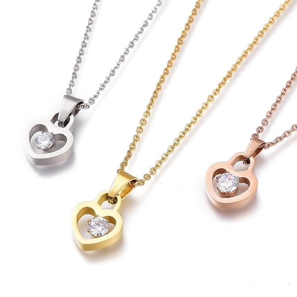 

PandaHall 304 Stainless Steel Heart Padlock Pendant Necklaces, with Crystal Rhinestone and Lobster Claw Clasps, Mixed Color, 16-3/8 inch..., Clear