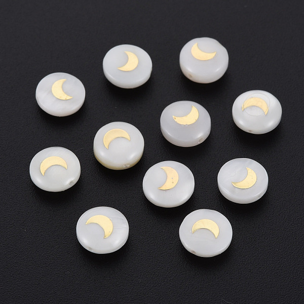 

PandaHall Natural Freshwater Shell Beads, with Golden Plated Brass Metal Embellishments, Flat Round with Moon, Seashell Color, 8x4.5mm, Hole...
