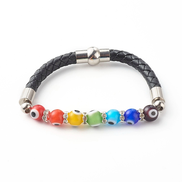 

PandaHall Handmade Evil Eye Lampwork Beads Beaded Bracelets, with Cowhide Leather Cord, Brass Rhinestone Beads, Magnetic Clasp, 304...