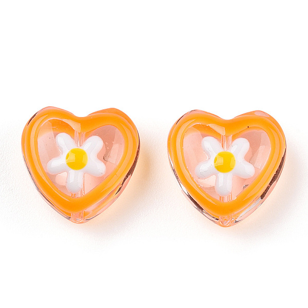 

PandaHall Transparent Glass Beads, with Enamel, Heart with Flower Pattern, Orange, 12x12x6.5mm, Hole: 0.9mm Glass Heart Orange