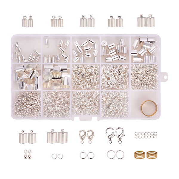 

PandaHall Jewelry Finding Sets, with Iron Jump Rings, Zinc Alloy Lobster Claw Clasps, Alloy End Piece, Iron End Chains, Brass Cord Ends..., Silver