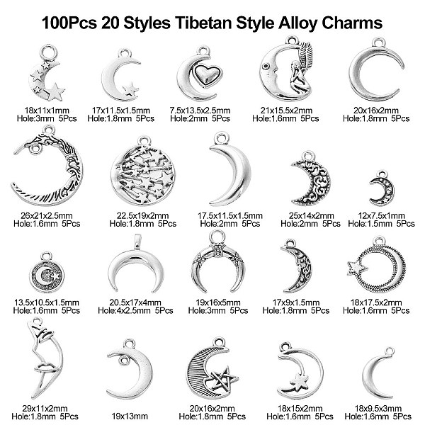 

PandaHall 100Pcs 20 Styles Tibetan Style Alloy Pendants, Cadmium Free & Lead Free, Moon with Star, Antique Silver, 12~26x7.5~21x1~4mm, Hole...