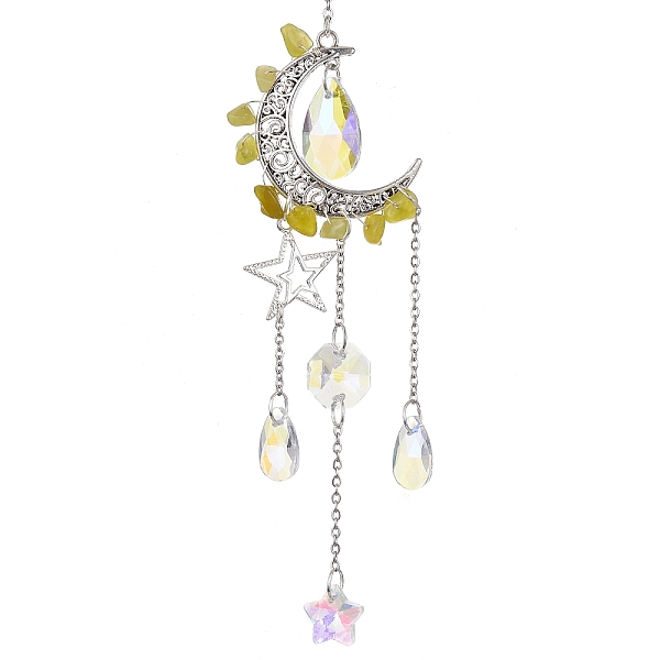 

PandaHall Moon & Star Alloy Hanging Ornaments, Natural Jade Chips and Glass Tassel Suncatchers, 245~247mm Other Jade Moon