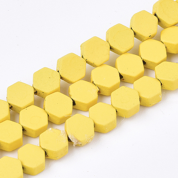 

PandaHall Spray Painted Non-magnetic Synthetic Hematite Beads Strands, Hexagon, Yellow, 4.5x4x2mm, Hole: 1mm, about 90pcs/strand, 15.7 inch...