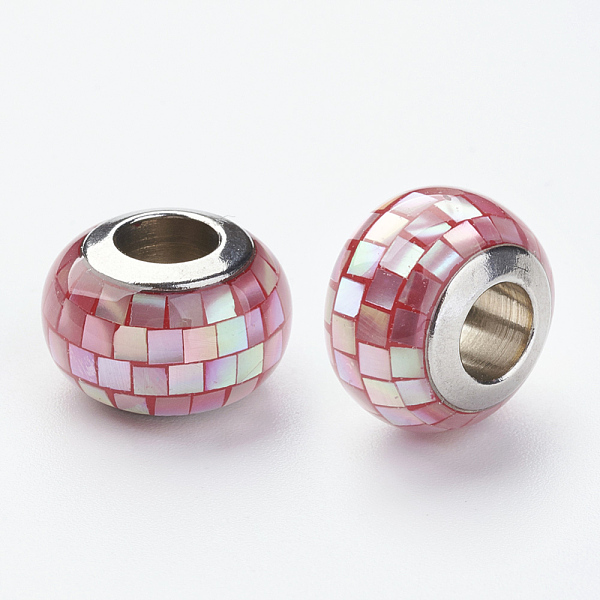 

PandaHall 304 Stainless Steel Resin European Beads, with Shell and Enamel, Rondelle, Large Hole Beads, Pale Violet Red, 12x8mm, Hole: 5mm..., Pink