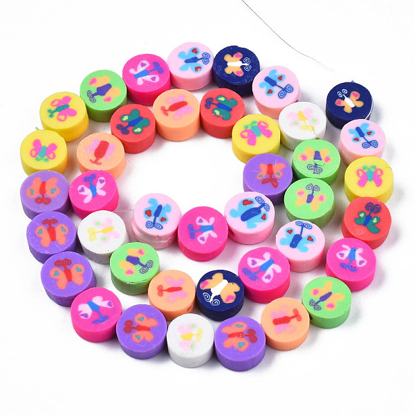 

PandaHall Handmade Polymer Clay Bead Strands, FLat Round with Butterfly, Mixed Color, 9~10x4~5mm, Hole: 1.6mm, about 40pcs/strand, 14.96..., Multicolor