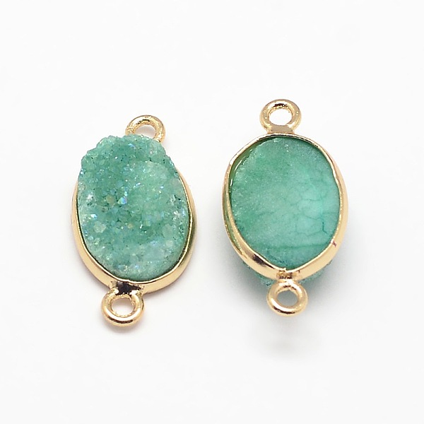

PandaHall Electroplate Natural Druzy Crystal Links connectors, with Golden Tone Brass Findings, Oval, Dyed, Medium Aquamarine, 23x12x4~8mm..., Green