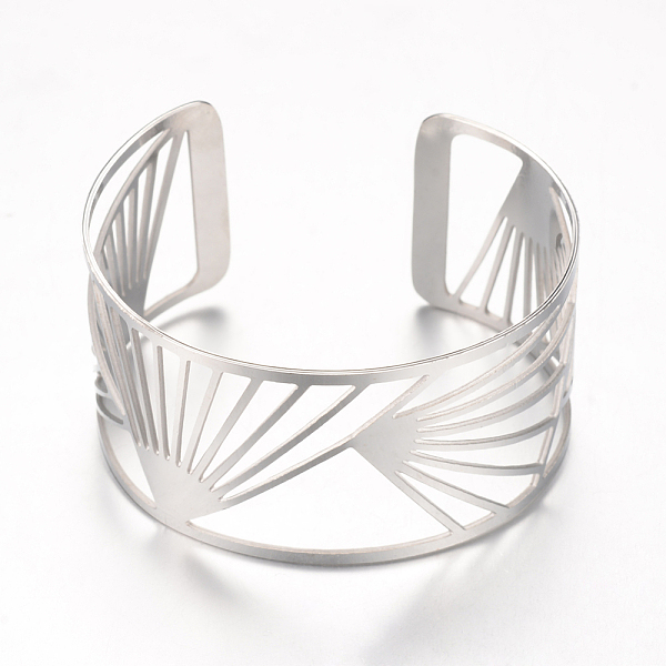 

PandaHall 304 Stainless Steel Filigree Cuff Bangles, Wide Band Bangles, Stainless Steel Color, 2-3/8 inch(59mm) 304 Stainless Steel