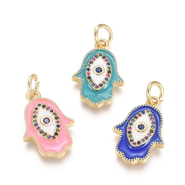 

PandaHall Golden Plated Brass Pendants, with Enamel, Cubic Zirconia and Jump Rings, Hamsa Hand/Hand of Fatima/Hand of Miriam with Evil Eye..., Multicolor