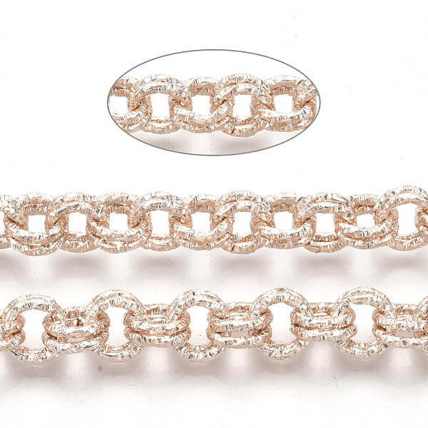 

PandaHall Iron Rolo Chains, Double Link Chains, Unwelded, with Spool, Textured, Rose Gold, Link: 9x1.5mm, about 39.37 Feet(12m)/roll Iron