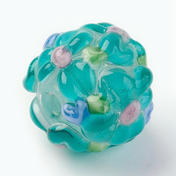 

PandaHall Handmade Lampwork Beads, Rondelle with Flower, Bumpy, Turquoise, 14~15x12~13mm, Hole: 1.5~1.8mm Lampwork Rondelle Green