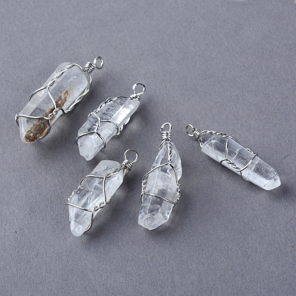 

PandaHall Natural Quartz Crystal Pendants, Rock Crystal, Point Pendants, with Iron Wires, Platinum, 25~32x7~10x7~10mm, Hole: 2mm Quartz..., Clear