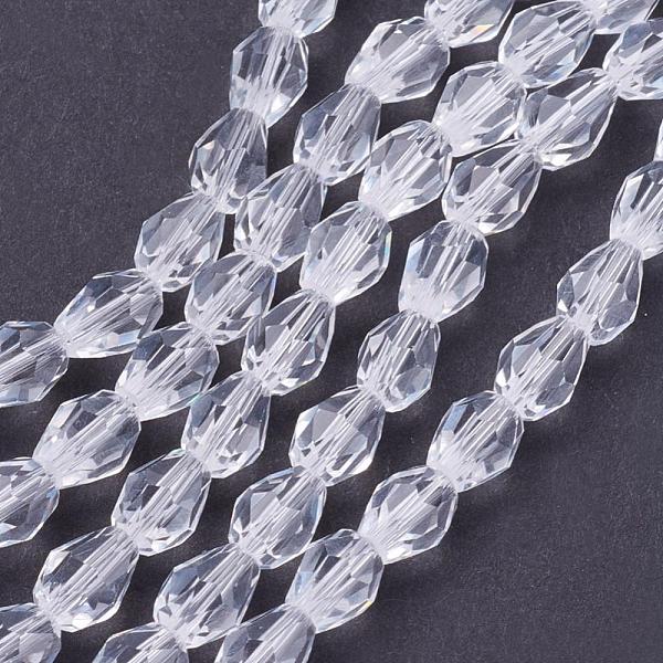 

PandaHall Glass Beads Strands, Faceted, teardrop, Clear, 6x4mm, Hole: 1mm, about 65~68pcs/strand, 14.96~15.35 inch Glass Teardrop Clear