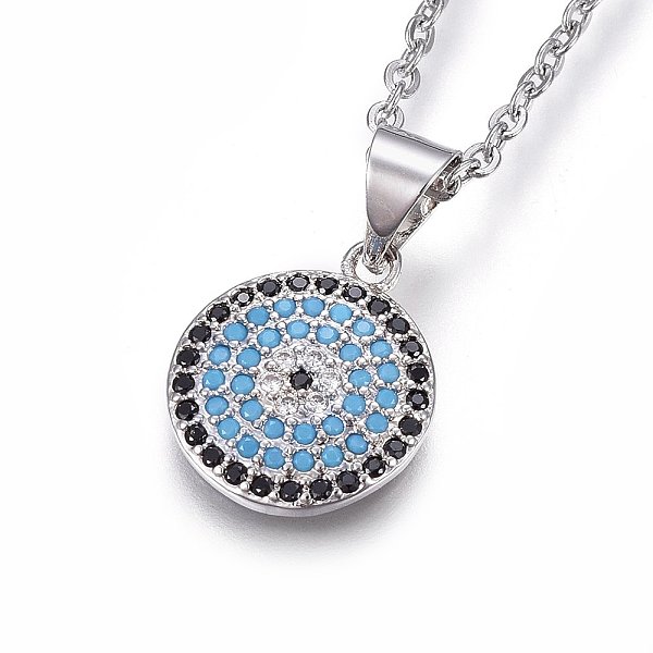 

PandaHall Brass Pave Cubic Zirconia Pendant Necklaces, with Cubic Zirconia, 304 Stainless Steel chain, Colorful, Flat Round, Stainless Steel...