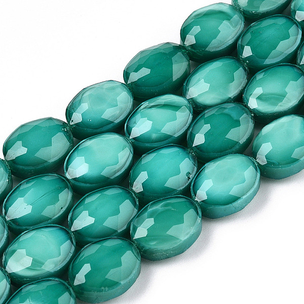 

PandaHall Opaque Solid Color Glass Beads Strands, Faceted, Oval, Light Sea Green, 8.5~9x11.5~12x5.5~6mm, Hole: 1~1.2mm, about 30pcs/strand...