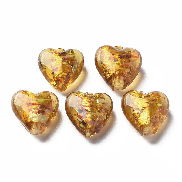 

PandaHall Handmade Lampwork Silver Foil Glass Beads, Heart, Gold, 15~16x15.5x9~10mm, Hole: 1.2mm Silver Foil Heart Gold