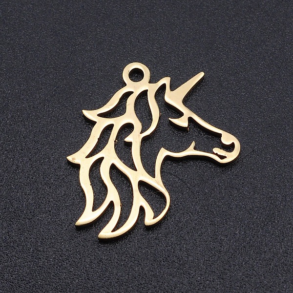 

PandaHall 201 Stainless Steel Pendants, Filigree Joiners Findings, Laser Cut, Unicorn, Golden, 19.5x17x1mm, Hole: 1.5mm 201 Stainless Steel...