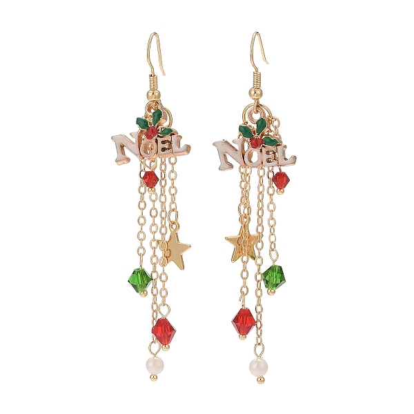 

PandaHall Word Noel Alloy Enamel & Glass Beads Dangle Earrings, Golden Brass Tassel Earrings for Christmas, Colorful, 80mm, Pin: 0.9mm Alloy