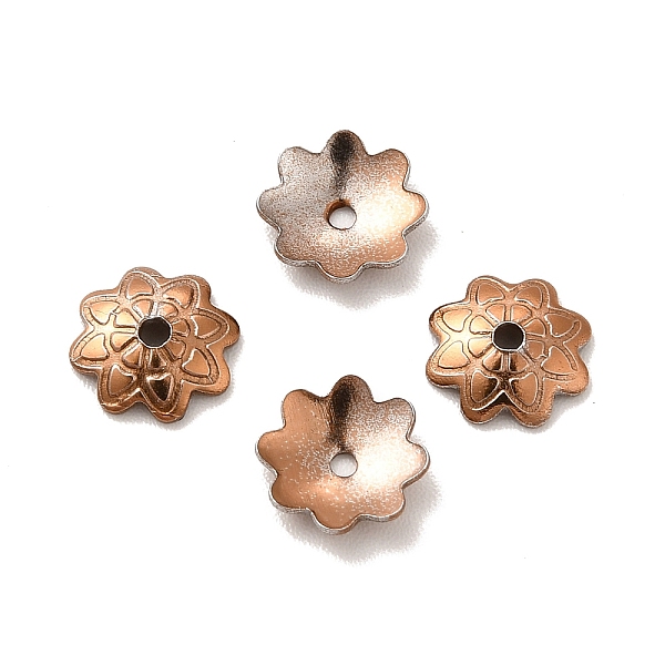 PandaHall Ion Plating(IP) 304 Stainless Steel Bead Caps, Flower, Multi-Petal, Coffee Golden, 7.5x7x2mm, Hole: 2mm 304 Stainless Steel