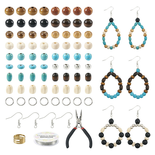 

PandaHall DIY Earring Making Kit, Including Round & Barrel & Rice Wood & Synthetic Turquoise Beads, Brass Earring Hooks, Pliers, Copper Wire...