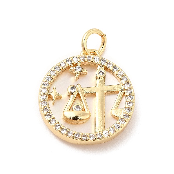 

PandaHall Brass Clear Cubic Zirconia with Shell Pendants, Flat Round Charms with Constellation Pattern, Golden, Libra, 17x15x3mm, Hole: 3mm...