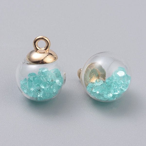 

PandaHall Transparent Glass Globe Pendants, with Resin Rhinestone inside & CCB Plastic Pendant Bails, Round, Light Gold, Aquamarine, 22x16mm..., Green