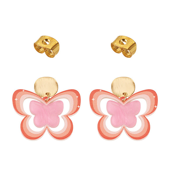 真鍮プリントのアクリル製バタフライダングルスタッドピアス