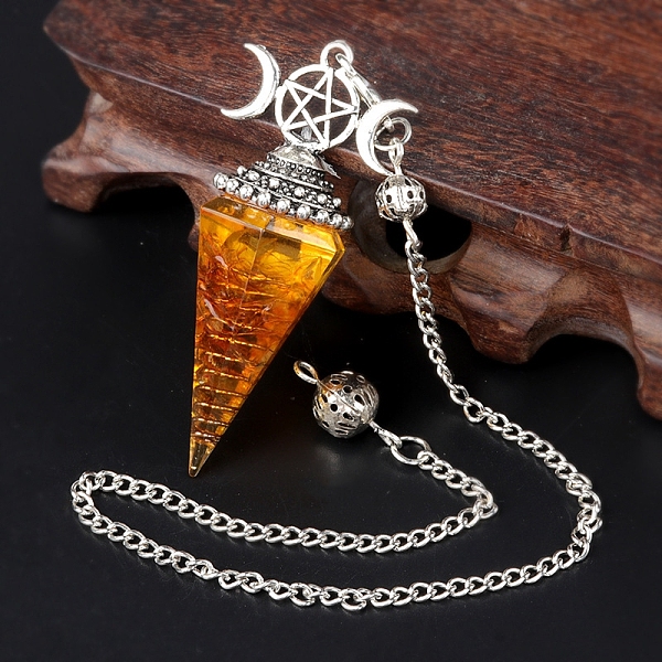 

PandaHall Synthetic Citrine Chip & Resin Orgonite Dowsing Pendulum Big Pendants, with Platinum Plated Metal Triple Moon Pentagram, Hexagonal...