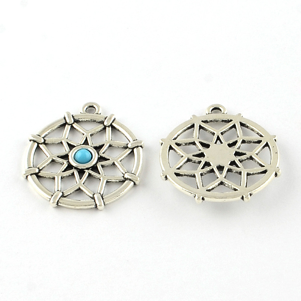 

PandaHall Filigree Flat Round Tibetan Style Alloy Synthetic Turquoise Pendants, Cadmium Free & Lead Free, Antique Silver, 29x30.5x2mm, Hole..., Green
