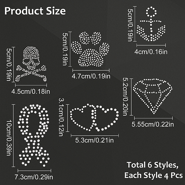 

PandaHall Fingerinspire 24Pcs 6 tyle Glass Hotfix Rhinestone, Iron on Patches, Dress Shoes Garment Decoration, Diamond & Anchor & Ribbon &..., Clear