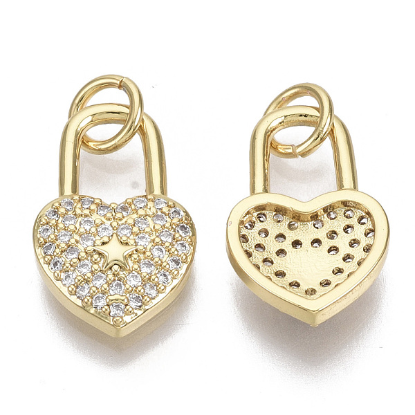 

PandaHall Brass Micro Pave Cubic Zirconia Pendants, with Jump Rings, Nickel Free, Heart Lock, Clear, Real 16K Gold Plated, 15x9.5x3mm, Hole...