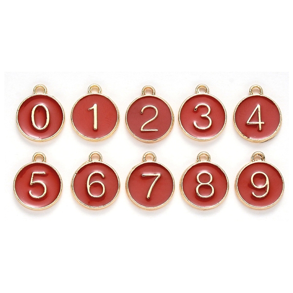 

PandaHall Light Gold Plated Alloy Enamel Charms, Enamelled Sequins, Flat Round with Number, Number 0~9, Dark Red, 14.5x12x2.5mm, Hole: 1.4mm...