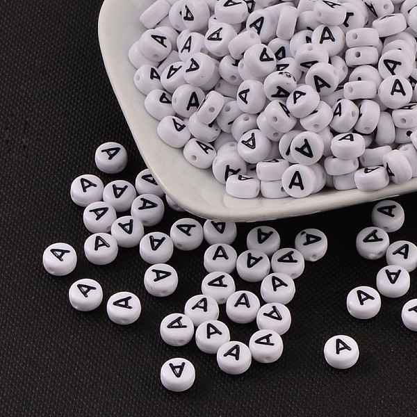 

PandaHall Acrylic Beads, with Horizontal Hole, Letter, Flat Round, Letter.A, 7x4mm, Hole: 1mm, about 3500pcs/500g Acrylic Letter A White