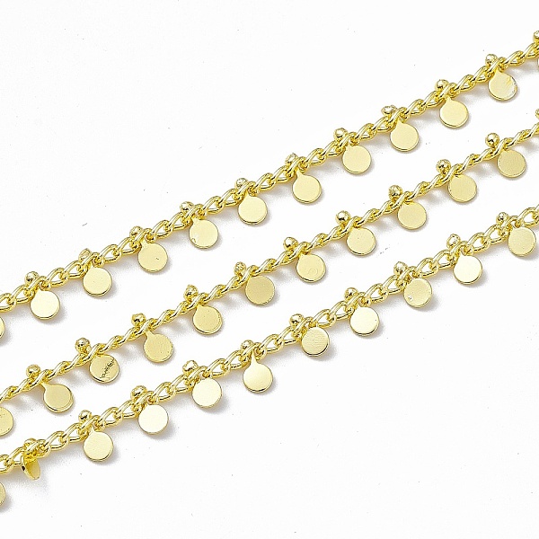 

PandaHall Handmade Brass Curb Chains, with Flat Round Charms, Soldered, with Spool, Real 18K Gold Plated, Link: 3x2x0.6mm Brass