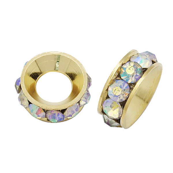 

PandaHall Brass Rhinestone Spacer Beads, Grade A, Rondelle, Light Gold Metal Color, Crystal AB, 10x4.2mm, Hole: 4.2mm Brass+Rhinestone..., Clear