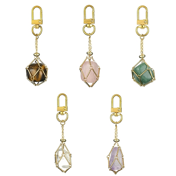 

PandaHall Brass Braided Chain Pouch Holder Pendant Decorations, with Gemstone Nuggets and Alloy Swivel Clasps, Golden, 80~90mm Mixed Stone...