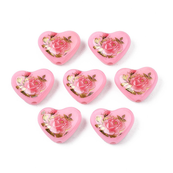 Flower Printed Opaque Acrylic Heart Beads