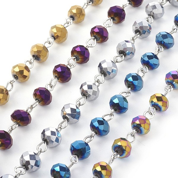 

PandaHall Handmade Electroplate Glass Beaded Chains, Unwelded, with Iron Eye Pin, Rondelle, Mixed Color, 14x8mm, 1m/strand, 39.37 inch..., Multicolor