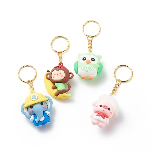 

PandaHall Cartoon Animal Keychain, Owl & Pig & Monkey & Elephant PVC Plastic Pendant Keychain, with Iron Findings, Mixed Color, 9.2~9.7cm..., Multicolor