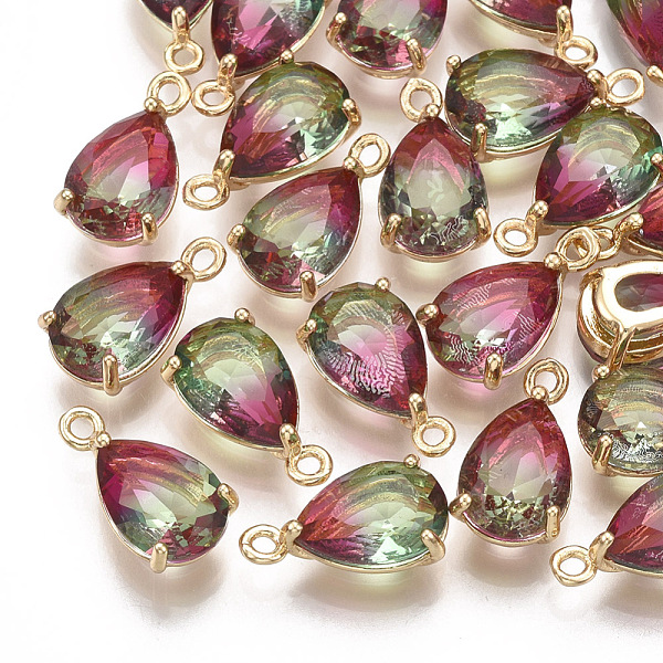 

PandaHall Glass Pendants, with Brass Findings, Faceted, teardrop, Golden, Colorful, 13x7x5mm, Hole: 1.2mm Brass+Glass Teardrop