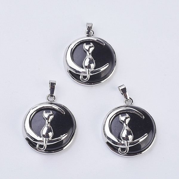 

PandaHall Natural Black Agate Kitten Pendants, with Brass Findings, Flat Round with Cat & Crescent Moon Shape, Platinum, 32x27.5x10mm, Hole...